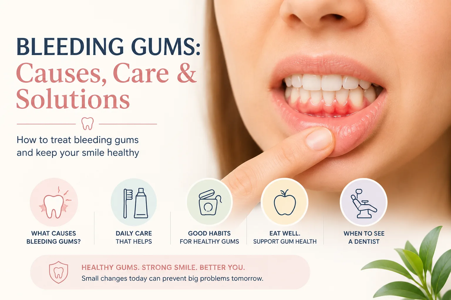 Educational graphic about bleeding gums, causes, daily care, healthy habits, nutrition, and when to see a dentist