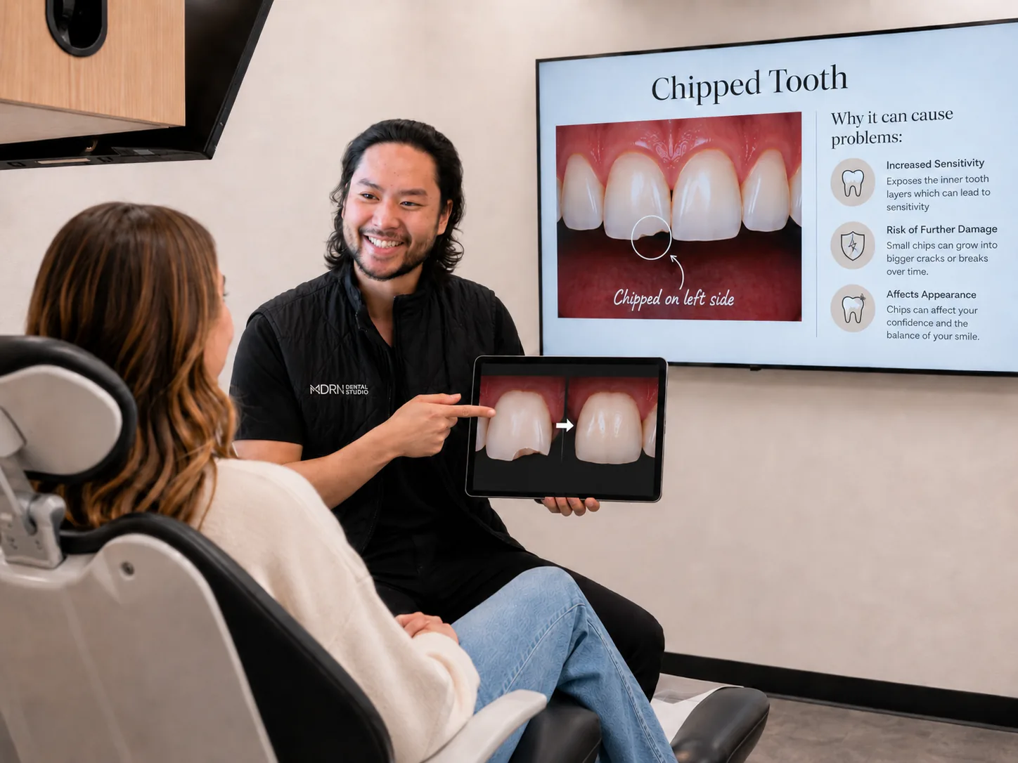 Dr. Steven Nguyen explaining chipped tooth repair options to a patient at MDRN Dental Studio