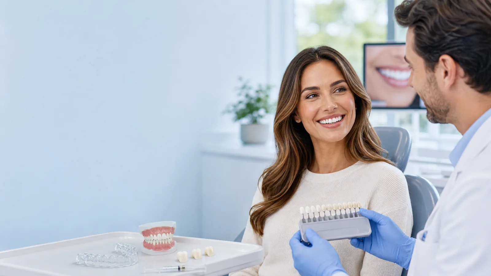 Cosmetic dental consultation with shade guide, aligners, and a smile preview on screen
