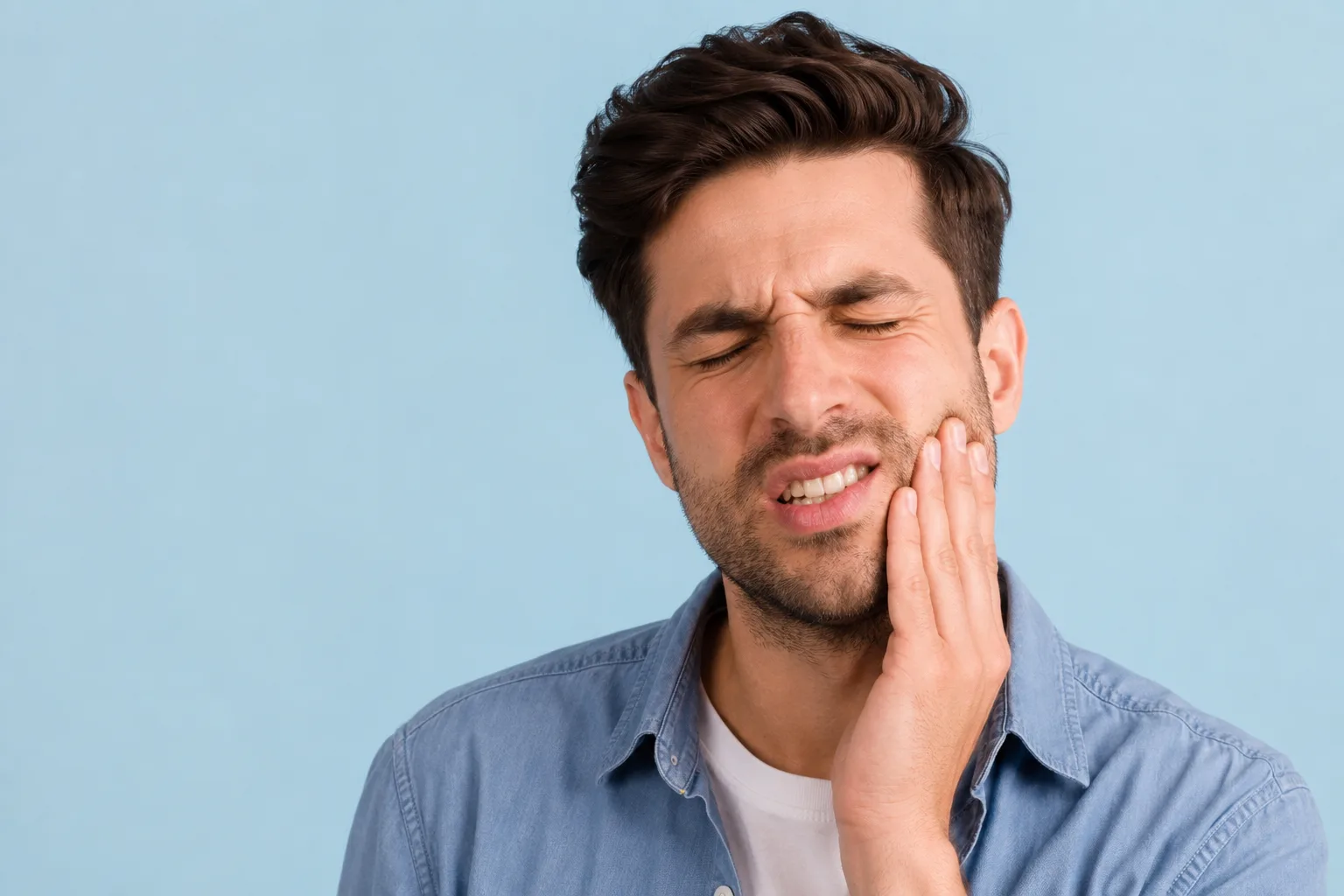 A man holding his cheek with tooth discomfort, a reminder not to wait for dental pain before scheduling a checkup