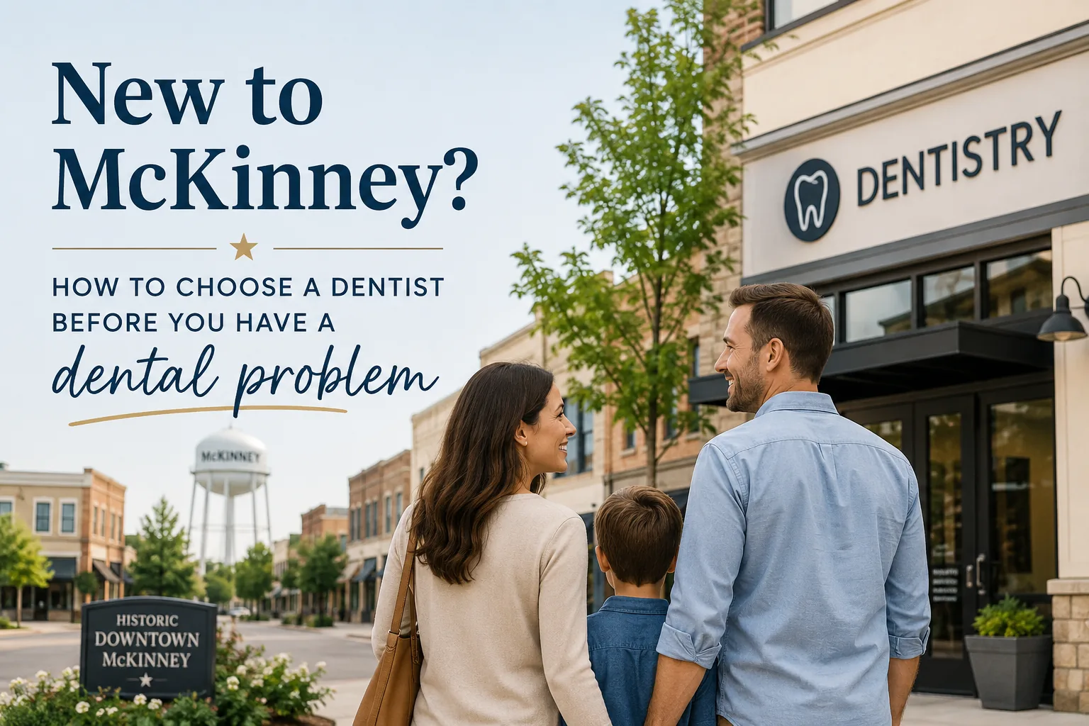 Family outside a dental office in McKinney, Texas, considering how to choose a new dentist