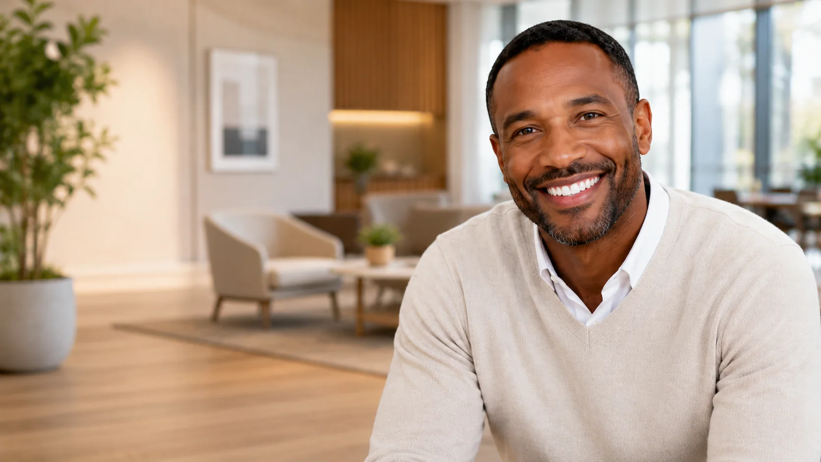 Patient smiling after conservative dental onlay treatment at MDRN Dental Studio in McKinney, TX